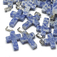 Natural Blue Spot Jasper Pendants, with Stainless Steel Snap On Bails, Cross, 29~30x18~19x5~6mm, Hole: 6x4mm(G-T080-13)