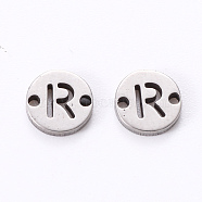 201 Stainless Steel Links, Laser Cut, Flat Round with Letter, Letter.R, 6x6x1mm, Hole: 0.8mm(STAS-R112-01R)