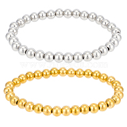 4Pcs 2 Colors 201 Stainless Steel Round Beaded Stretch Bracelets Set for Men Women, Real Gold Plated & Stainless Steel Color, Inner Diameter: 2-1/4 inch(5.7cm), 2Pcs/color(BJEW-BC0001-15B)