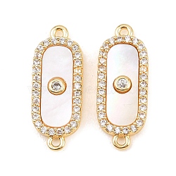 Brass Micro Pave Clear Cubic Zirconia Oval Connector Charms, with Natural Shell, Seashell Color, Real 18K Gold Plated, 18.5x7x2mm, Hole: 1mm(KK-Z140-04G)