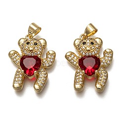 Brass Micro Pave Cubic Zirconia Pendants, Long-Lasting Plated, Real 18K Gold Plated, Inlay Bear Shape, Red, 23x18x5.5mm, Hole: 3.5mm(ZIRC-B002-09G-D)