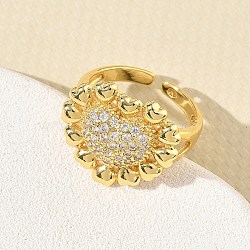 Brass Micro Pave Cubic Zirconia Cuff Open Rings for Women, Heart, Long-Lasting Plated, Rack Plating, Lead Free & Cadmium Free, Golden, 18mm, Heart: 18x20mm(CU-CBA760A-13A-G)