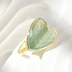 Heart Brass Natural Green Strawberry Quartz  Finger Rings, Long-Lasting Plated, 20x18mm, Inner Diameter: 18mm(RJEW-D304-01G-C)