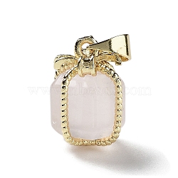 Natural Rose Quartz Gift Box Charms, with Golden Plated Brass Bowknot, 15x11x11mm, Hole: 4.5x3.5mm(G-P523-01G-01)