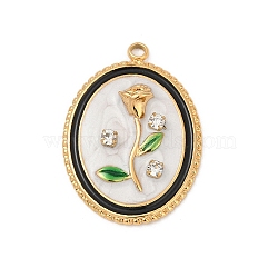 304 Stainless Steel Enamel Pendants, with Rhinestone, Ion Plating(IP), Oval with Rose Charm, Real 18K Gold Plated, 26x19x4.5mm, Hole: 1.8mm(STAS-C121-02G)