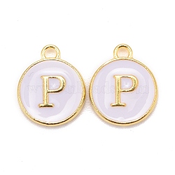 Golden Plated Alloy Charms, Cadmium Free & Lead Free, with Enamel, Enamelled Sequins, Flat Round with Letter, White, Letter.P, 14x12x2mm, Hole: 1.5mm(X-ENAM-S118-01P)