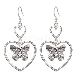 Heart Alloy Dangle Earrings, Brass Earring for Women, Butterfly, 58x29.5mm(EJEW-JE05534-02)