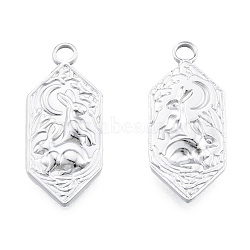 201 Stainless Steel Pendants, Hexagon with Rabbit, Stainless Steel Color, 28x12x2.5mm, Hole: 2.5mm(STAS-N098-254P)