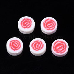 Handmade Polymer Clay Beads, for DIY Jewelry Crafts Supplies, Flat Round with Flower, Red, 9~9.5x4~4.5mm, Hole: 1.8mm(CLAY-N008-041G)