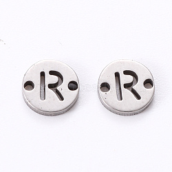 Tarnish Resistant 201 Stainless Steel Links, Laser Cut, Flat Round with Letter, Letter.R, 6x6x1mm, Hole: 0.8mm(STAS-R112-01R)