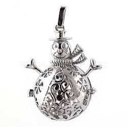 Rack Plating Brass Cage Pendants, For Chime Ball Pendant Necklaces Making, Hollow Christmas Snowman, Platinum, 46x35x21mm, Hole: 3x6mm, inner measure: 22mm(KK-S751-075P)