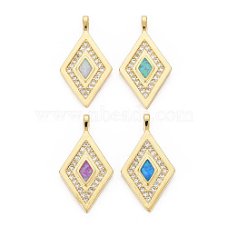 Brass Cubic Zirconia Pendants, with Natural Opal, Real 18K Gold Plated, Rhombus, Nickel Free, Mixed Color, 23x12.5x3.5mm, Hole: 1.5mm(KK-T004-102-NF)