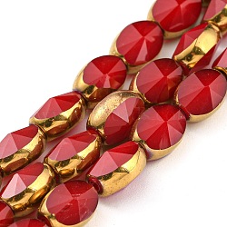 Electroplate Glass Beads Strands, with Golden Plated Edge, Faceted Oval, FireBrick, 8~9x6.5x5mm, Hole: 1.2mm, about 37pcs/strand, 23.78 inch(60.4cm)(EGLA-G037-03A-HP02)