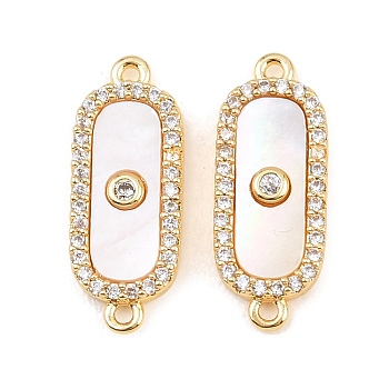 Brass Micro Pave Clear Cubic Zirconia Oval Connector Charms, with Natural Shell, Seashell Color, Real 18K Gold Plated, 18.5x7x2mm, Hole: 1mm