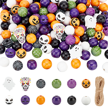 DIY Halloween Pendant Decoration Making Kit, Including Jute Cord, Natural Wood Round & Ghost & Skull Beads, Mixed Color, 184Pcs/set