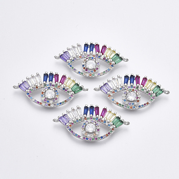 Brass Micro Pave Cubic Zirconia Links connectors, Eye, Colorful, Platinum, 16.5x33x3.5mm, Hole: 1.2mm