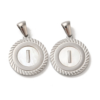 304 Stainless Steel Pendants, Flat Round Shell Charms with Letter, Stainless Steel Color, Letter I, 20.5x17.5x1.5mm, Hole: 2.5x4.5mm