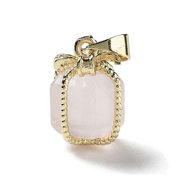 Natural Rose Quartz Gift Box Charms, with Golden Plated Brass Bowknot, 15x11x11mm, Hole: 4.5x3.5mm