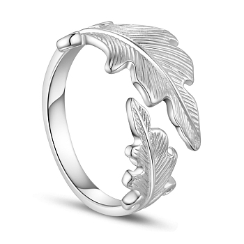 SHEGRACE Rhodium Plated 925 Sterling Silver Cuff Rings, Open Rings, with Leaves, Size 8, Platinum, 18mmPacking Size: 53x53x37mm