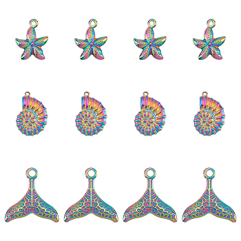 DICOSMETIC 12Pcs 3 Style Ion Plating(IP) 304 Stainless Steel Pendants, Starfish & Conch & Fishtail, Rainbow Color, 19~26x15~25x3~4mm, Hole: 1~2.5mm, 4pcs/style