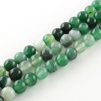 Dyed Natural Striped Agate/Banded Agate Round Bead Strands, Medium Sea Green, 10mm, Hole: 1mm, about 38pcs/strand, 14.9 inch