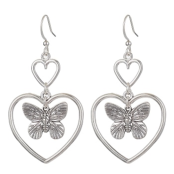 Heart Alloy Dangle Earrings, Brass Earring for Women, Butterfly, 58x29.5mm