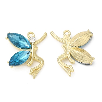 Light Gold Alloy Pendants, with Glass, Cadmium Free & Lead Free, Angel Charms, Deep Sky Blue, 27.5x23.5x6mm, Hole: 2mm