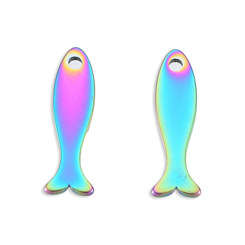 Ion Plating(IP) 201 Stainless Steel Charms, Fish, Rainbow Color, 15x4.5x1mm, Hole: 1.2mm