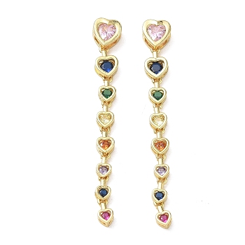 Brass Micro Pave Cubic Zirconia Big Pendants, Heart Charms, Cadmium Free & Lead Free, Golden, Colorful, 65x9x5mm, Hole: 4x3mm
