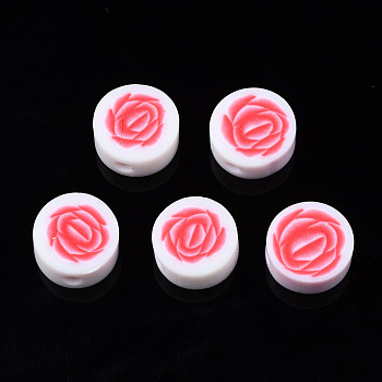 Handmade Polymer Clay Beads, for DIY Jewelry Crafts Supplies, Flat Round with Flower, Red, 9~9.5x4~4.5mm, Hole: 1.8mm