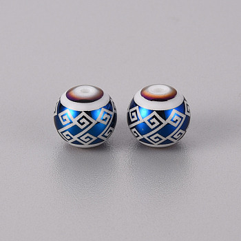 Electroplate Glass Beads, Round with Geometric Hellenic Fret Pattern, Blue Plated, 10mm, Hole: 1.2mm