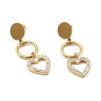 Crystal Rhinestone Ring and Heart Long Dangle Stud Earrings with 316 Stainless Steel Pins, Vacuum Plating 304 Stainless Steel Jewelry for Women, Golden, 48mm, Pin: 0.7mm