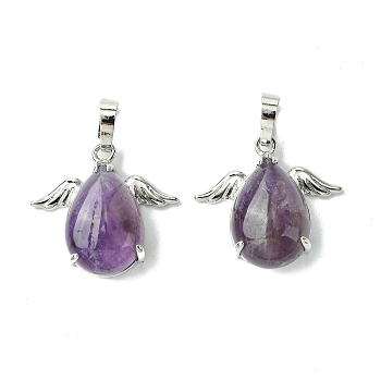 Natural Amethyst Pendants, Teardrop Charms with Rack Plating Platinum Plated Brass Wings, Cadmium Free & Lead Free, Cadmium Free & Lead Free, 22~22.5x24.5x8~9mm, Hole: 7x5mm