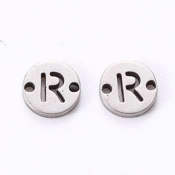 201 Stainless Steel Links, Laser Cut, Flat Round with Letter, Letter.R, 6x6x1mm, Hole: 0.8mm