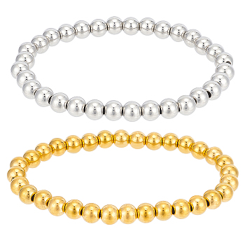4Pcs 2 Colors 201 Stainless Steel Round Beaded Stretch Bracelets Set for Men Women, Real Gold Plated & Stainless Steel Color, Inner Diameter: 2-1/4 inch(5.7cm), 2Pcs/color