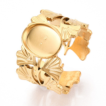 Ginkgo Leaf 304 Stainless Steel Cuff Ring Components, Oval Pad Ring Setting, Ion Plating(IP), Real 18K Gold Plated, Tray: 10x8mm, 14mm, Inner Diameter: Adjustable