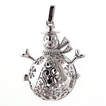 Rack Plating Brass Cage Pendants, For Chime Ball Pendant Necklaces Making, Hollow Christmas Snowman, Platinum, 46x35x21mm, Hole: 3x6mm, inner measure: 22mm