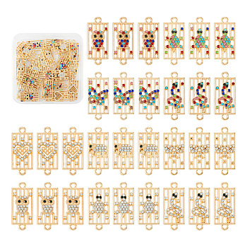 40Pcs 10 Styles Alloy Rhinestone Connector Charms, Rectangle with Mixed Patterns, Light Gold, Mixed Color, 26x11x2~2.5mm, Hole: 1.8mm, 4pcs/style