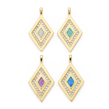 Brass Cubic Zirconia Pendants, with Natural Opal, Real 18K Gold Plated, Rhombus, Nickel Free, Mixed Color, 23x12.5x3.5mm, Hole: 1.5mm
