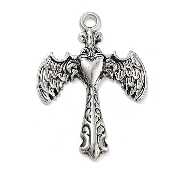 Tibetan Style Alloy Pendants, Cross with Wing Heart, Antique Silver, 43.5x31x4mm, Hole: 3mm