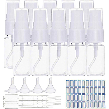 Plastic Spray Bottles Sets, with Fine Mist Sprayer & Dust Cap & Dropper & Funnel Hopper and Label Paster, Clear, Bottles: 7.9cm, capacity: 10ml, 24pcs/set