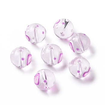Transparent Glass Beads, with Enamel, Round, Orchid, Heart Pattern, 11.5~12x11mm, Hole: 1.5~1.6mm