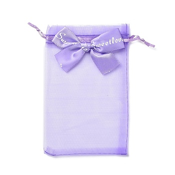Rectangle Organza Drawstring Bags, Bowknot Gift Storage Pouches, Lilac, 15x10cm