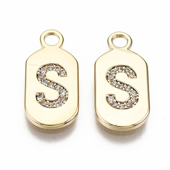 Brass Micro Pave Clear Cubic Zirconia Pendants, Nickel Free, Real 18K Gold Plated, Oval with Word, Letter.S, 16x7.5x1.5mm, Hole: 1.8mm