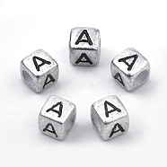 Plated Acrylic Beads, Horizontal Hole, Cube with Letter, Antique Silver, Letter.A, 6mm, Hole: 3mm, about 3000pcs/500g(PB43C9308-A)