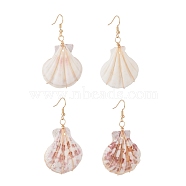Copper Wire Wrapped Natural Scallop Shell Dangle Earring for Women, with Brass Earring Hook, Goldenrod, 63mm, Pin: 0.8mm(EJEW-JE04721)