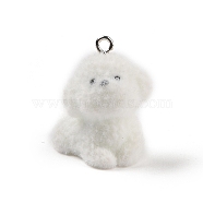 Flocking Resin Cute Puppy Pendants, Dog Charms with Platinum Plated Iron Loops, White, 30x19x23mm, Hole: 2.5mm(MACR-P043-L02)