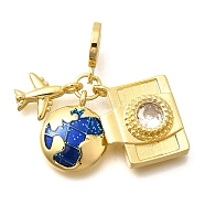 Brass Enamel Airplane & Earth & Camera European Dangle Charms, Large Hole Pendants with Clear Cubic Zirconia, Real 18K Gold Plated, Cadmium Free & Lead Free, Blue, 33.5mm, Hole: 4.5mm(KK-M309-18G-01)