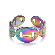 Rainbow Color Ion Plating(IP) 304 Stainless Steel Coffee Bean Open Cuff Ring for Women, US Size 7(17.3mm)(RJEW-A005-30MC)