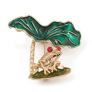 Frog & Lotus Leaf Enamel Pin, Alloy Rhinestone Brooch, Golden, 35.6x37.3x14mm(JEWB-Q030-11G)